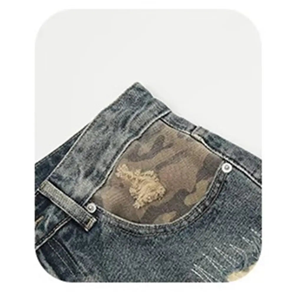 Men's Ripped Slim Fit Straight Leg Jeans Patchwork Camouflage Denim Pants