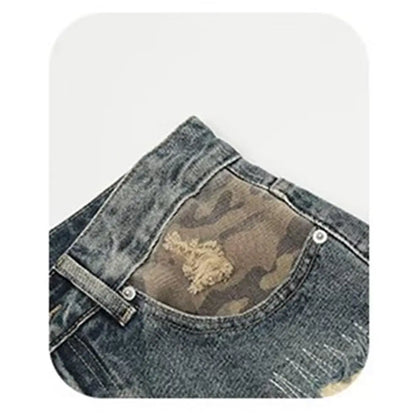 Men's Ripped Slim Fit Straight Leg Jeans Patchwork Camouflage Denim Pants