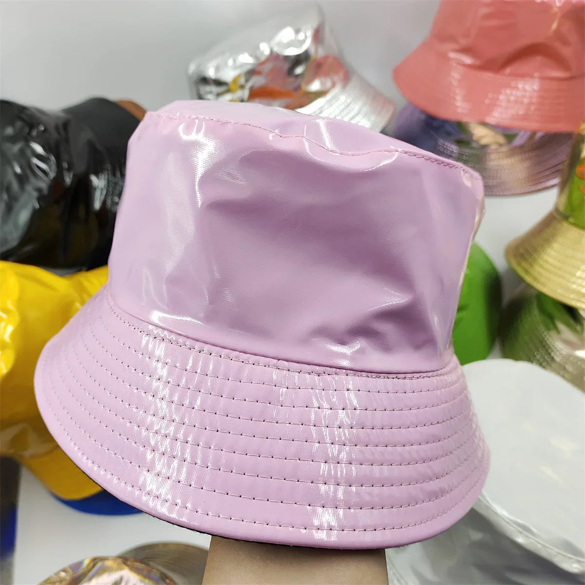 Colorful Shiny Leather Two Sided Fisherman Hat Women's and Men's Hip Hop Summer Sunshade Hat Foldable Bucket Hat