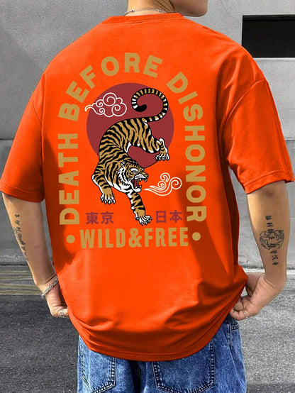 Tiger Letter Print Casual Commute 
 Mans Tshirt Fitting Breathable Tee Shirt Leisure Comfort Tee Clothing Round Neck Tops