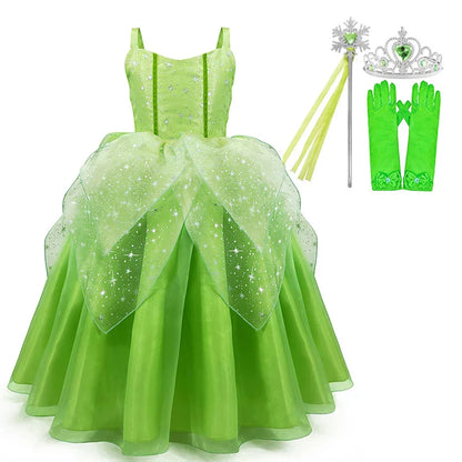 Disney Girls Cosplay Fada Tinker bell Vestido Crianças Princesa Fada das Flores Com Asas Fantasia Festa Tinkerbell Tinker Bell Vestido