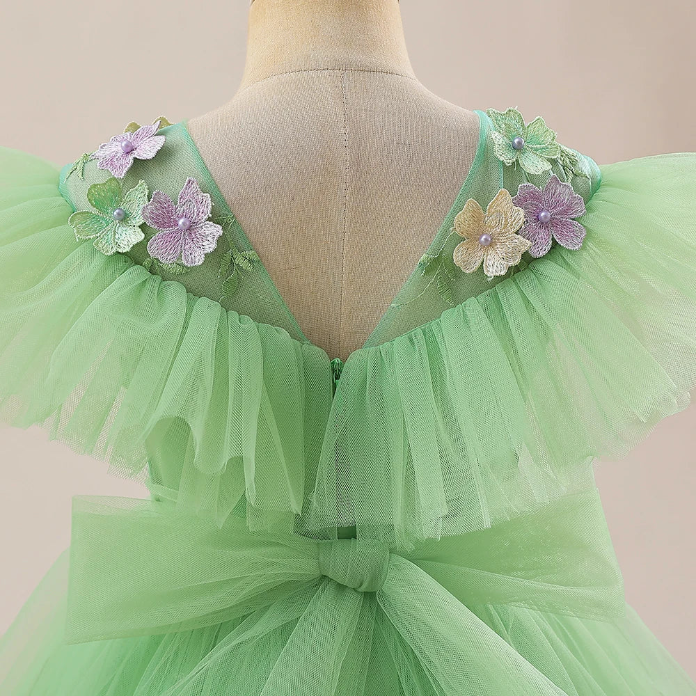 Summer Flower Embroidery Party Bridesmaid Girls Dresses Elegant Tulle Birthday Princess Dress Girls Bow Wedding Prom Kids Clothe