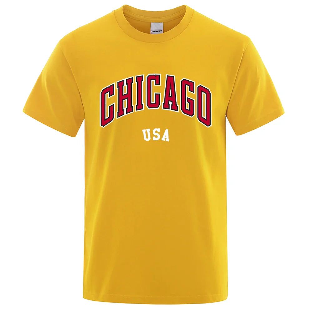 Chicago Usa City Street Letter Printing T Shirts Men Women Cotton Shirt Loose Breathable T Shirts Fashion O-Neck Oversized Tops