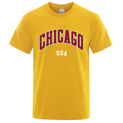 Chicago Usa City Street Letter Printing T Shirts Men Women Cotton Shirt Loose Breathable T Shirts Fashion O-Neck Oversized Tops