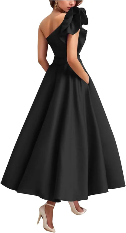 Women's One Shoulder Elegant Evening Dress with Pockets Satin Tea Length A Line Formal Wedding Guest Dress Prom Dresses