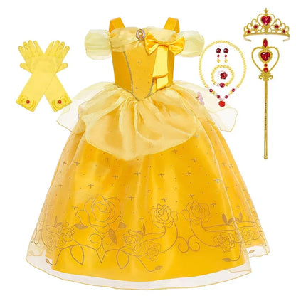 Girls Cosplay Belle Princess Dress for Kids Beauty and The Beast Costumes Children Birthday Party with Flower Clothes
