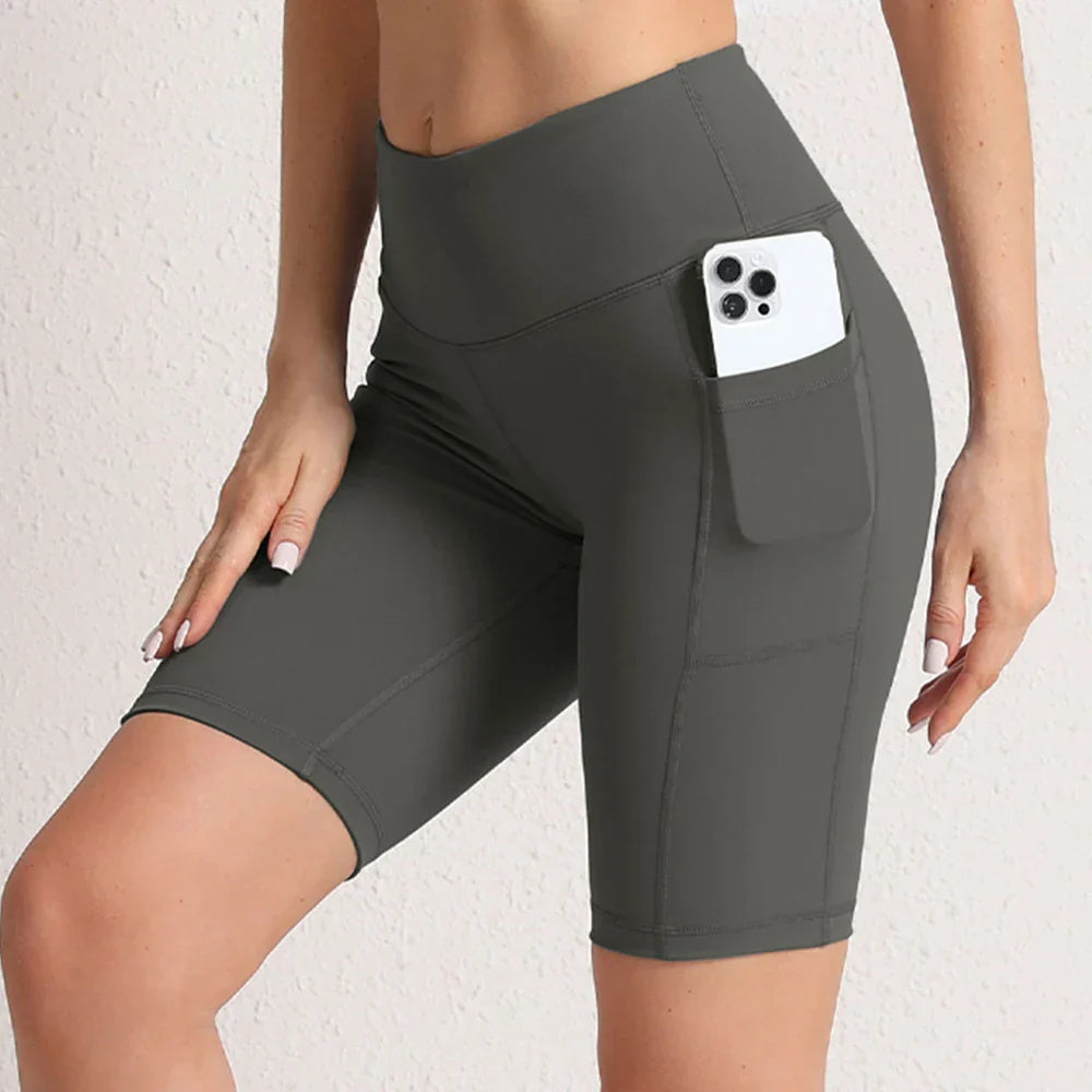 Women Yoga Shorts with 3 Pockets Seamless Gym Fitness Tights Elastic Cycling Shorts Female Solid Color Leggings