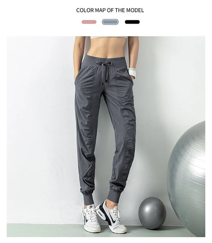 Fabric Drawstring Running Sport Joggers Women Quick Dry Athletic Gym Fitness Sweatpants with Two Side Pockets Exercise Pants