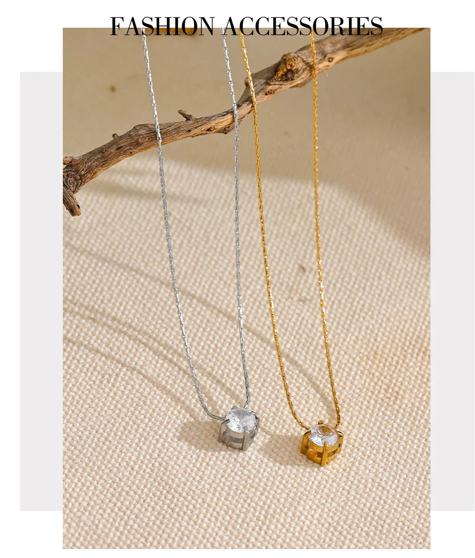 Korean Chic Stainless Steel Shiny Cubic Zirconia Cast Delicate Necklace Pendant for Women Daily Waterproof Basic Jewelry