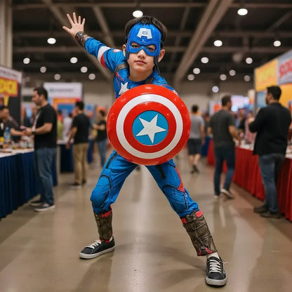 3-12Y Boy's Captain America Costume Superhero Roleplay Onesie School Performance Outfit with Mask and Shield Toy Gift