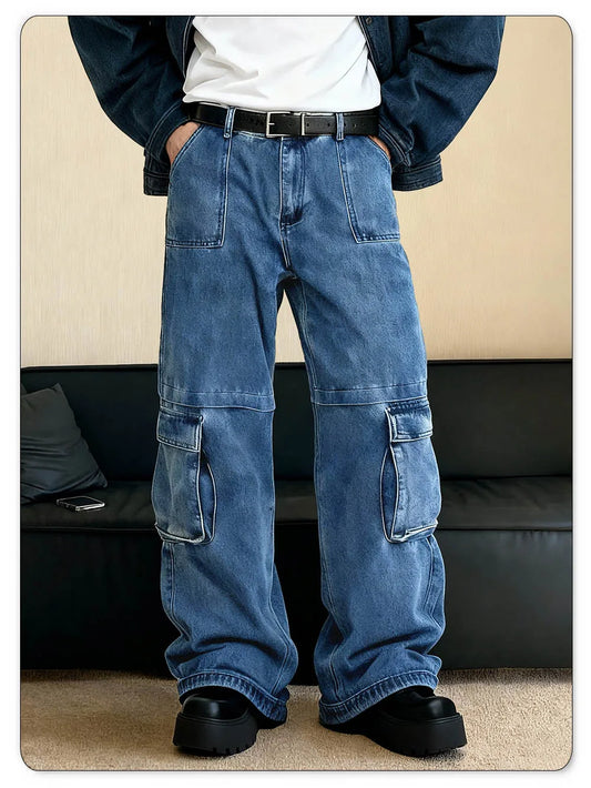 Men's Spring Blue Retro Washed Baggy Cargo Jeans Summer Male Multi Pocket Straight Tube Work Clothes Winter Denim Pants Clothes