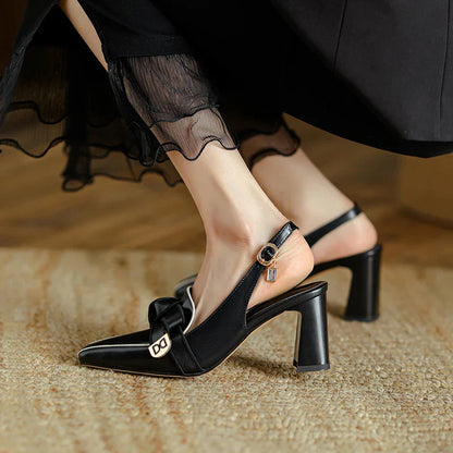 2025 French Style Genuine Leather Sandals Women Covered Toe Butterfly Knot Party Dating Sandals Office Ladies Pumps