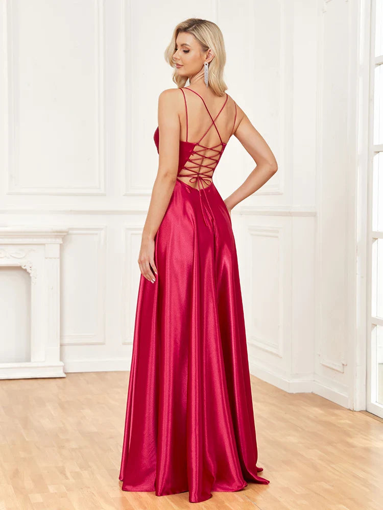 Luxury V-Neck Satin Sleeveless Blue Formal Evening Dress 2024 Women Elegant Sexy Slip Wedding Party Long Prom Dress