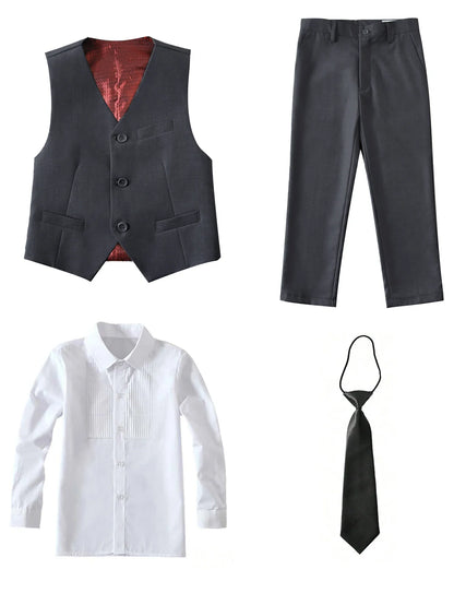 4pcs/set Boys' Suit Set With Pants, Vest, Shirt And Tie School Uniforms