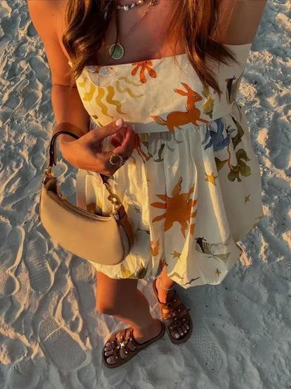 Print Slip Mini Dress Women Sleeveless Summer Dress Woman 2025 Ruched Sundress Vestidos Backless Short Dresses for Women