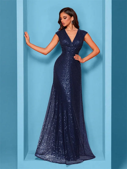 legant V Neck Silver Sequins Evening Dresses 2025 Women Sleeveless Party Maxi Mermaid Dress Long Luxury Prom Gown