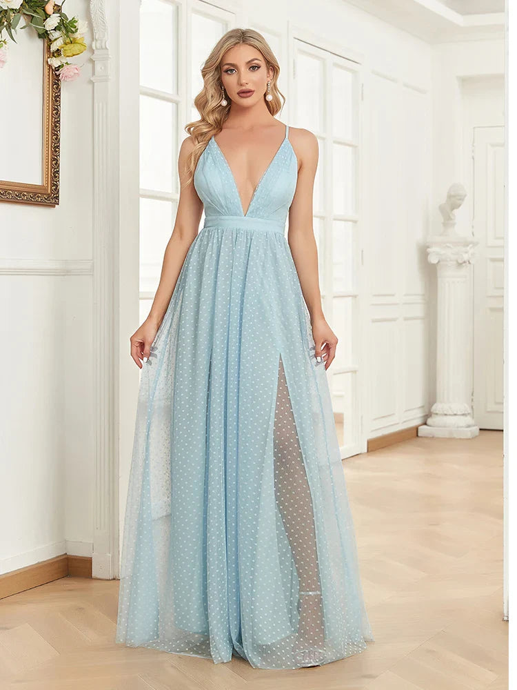 Elegant A-line Chiffon Evening Dresses Luxury Floor Lenght Backless Formal Deep V-neck Women Tulle Caicktail Wedding Party Gowns