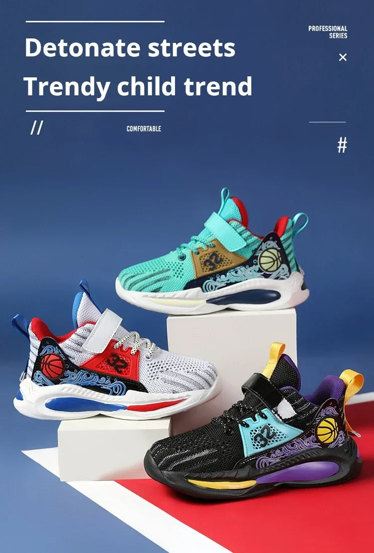 Brand Kids' Sports Shoes Non-slip Running Shoes Boys Basketball Sports Tennis Shoes Fashion Comfortable Teenager Casual Sneakers