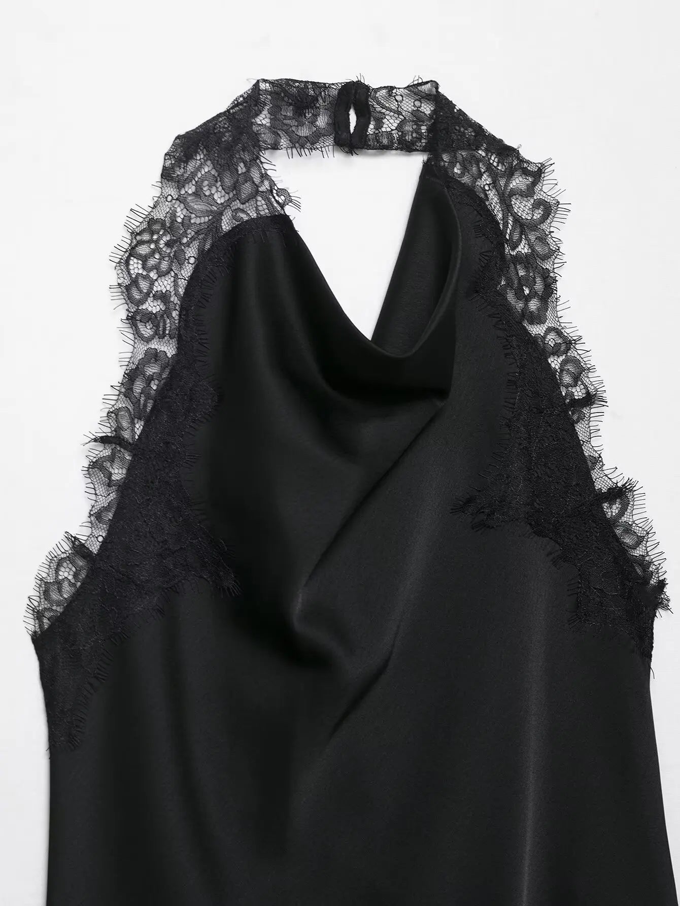 2026 Spring Women Backless Sexy Lace Splicing Halter Neck Top Summer Female Off Shoulder Asymmetrical Satin Camisole