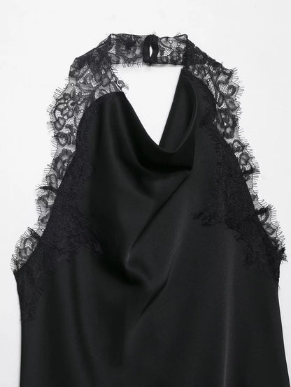 2026 Spring Women Backless Sexy Lace Splicing Halter Neck Top Summer Female Off Shoulder Asymmetrical Satin Camisole