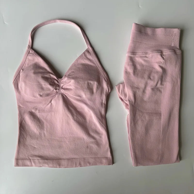 2 Pieces Set Leggings Set Women Backless Tank Tops High Waist Scrunch Gym Suit Fitness Clothes Outfit Workout Yoga Set