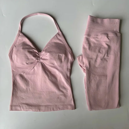 2 Pieces Set Leggings Set Women Backless Tank Tops High Waist Scrunch Gym Suit Fitness Clothes Outfit Workout Yoga Set