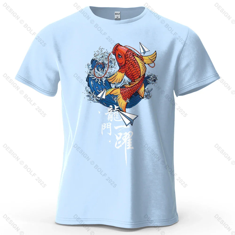 Dragon Gate Leap Printed Men's T-Shirt 100% Cotton Oversized Carp Good Luck Graphic Tees for Women Tops Tees Streetwear