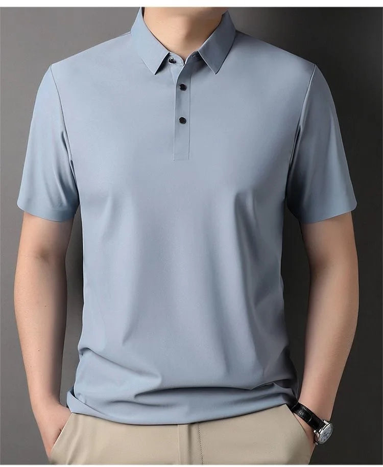 High quality wrinkle resistant ice silk short sleeve t-shirt men's summer Lapel loose casual solid color top high-end polo men