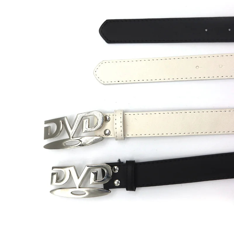 Unisex Nostalgic Design DVD Buckle Belt Men Women Decoration Paired with Jeans Belt Versatile White Black Design Sense Belt