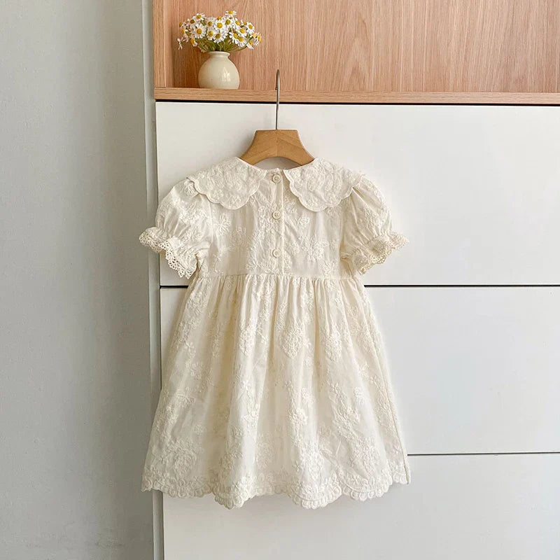 2026 Summer New Pure Cotton Embroidered Floral Short Sleeved Girl's Dress 2-6Yrs Versatile Adorable Korean Style Dress
