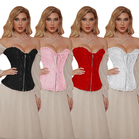 Victorian Corset Top Zipper Gothic Bustier Overbust Lingerie Lace Medieval Women Sexy Vintage Halloween Costume