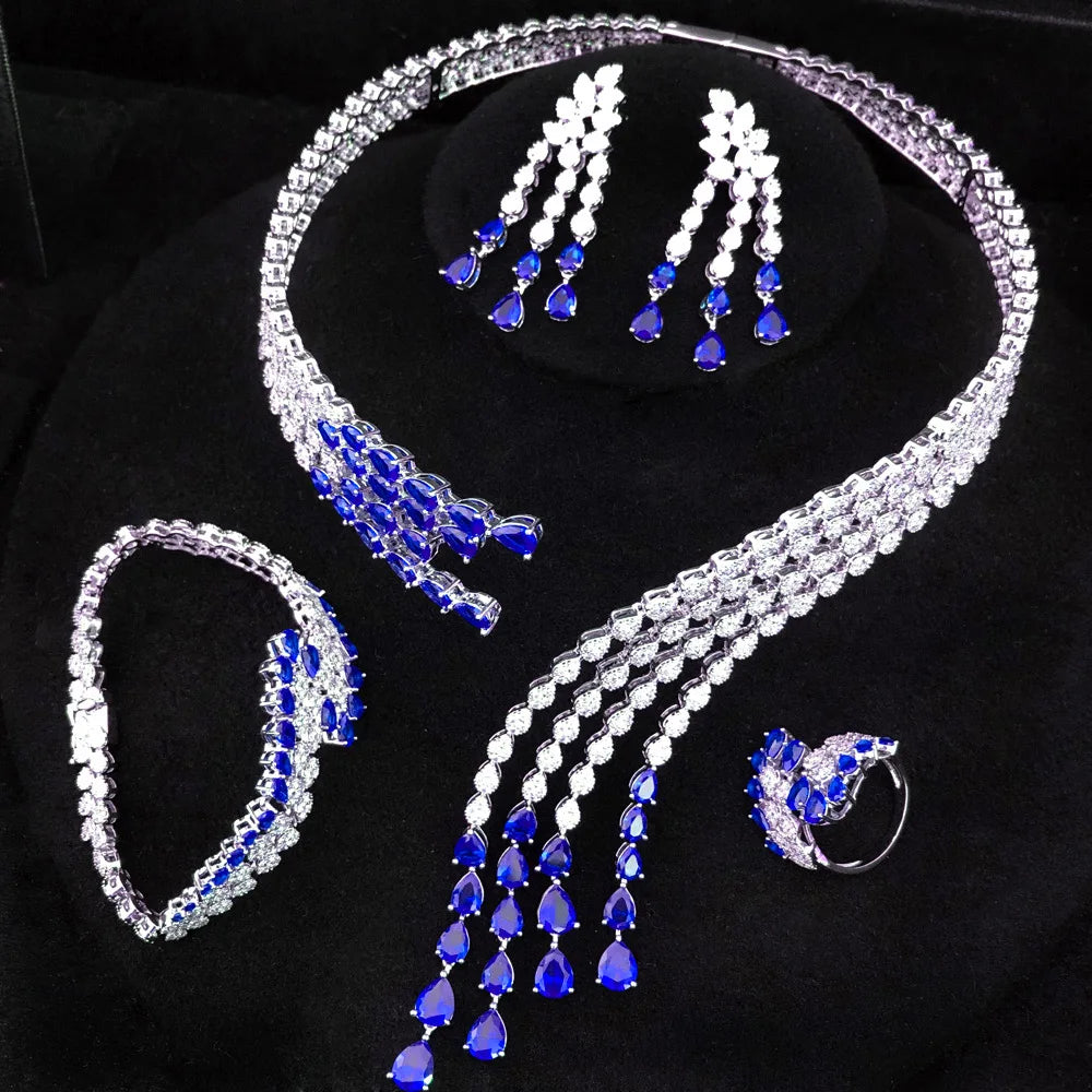 Trendy 4PCS Luxury Turquoise Statement Jewelry Sets For Women Wedding Cubic Zircon Indian African Dubai Bridal Necklace