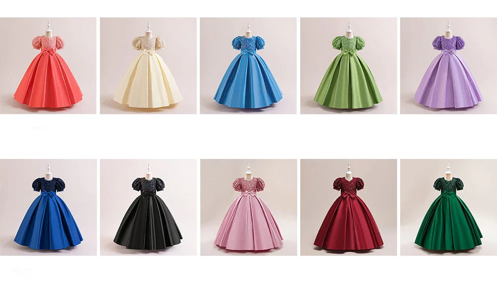 Summer Sequin Bridesmaids Party Girl Dress Elegant Bow Wedding Princess Prom Kids Dress For Girls Gala Birthday Evening Costumes