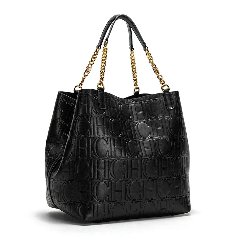 Embossed Logo Tote Bag Spacious Interior Chain Accent Top Handle Bag Casual Daily Outings Weekend Trips