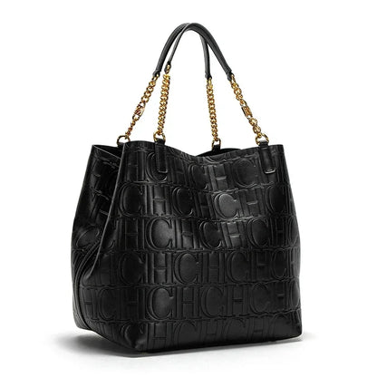 Embossed Logo Tote Bag Spacious Interior Chain Accent Top Handle Bag Casual Daily Outings Weekend Trips