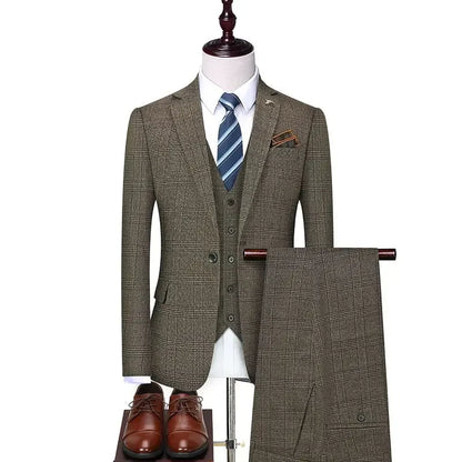 Linen Suit (Blazer+ Vest+Pants) Men's Fashion Hosts British Style Work Business Wedding Casual Art Style Elegant Gentleman Suit