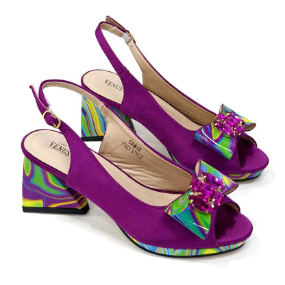 Fashion Purple Color Painted Rhinestones Elegant Peep Toe Sandals Shoes and Bag Set Italian Heels for Womens