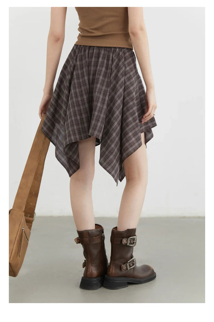 Women Skirts A Line Elastic Waist Strap Ties Irregular Plaid Half Length Skirt Female Short Skirt Woman Summer 2025