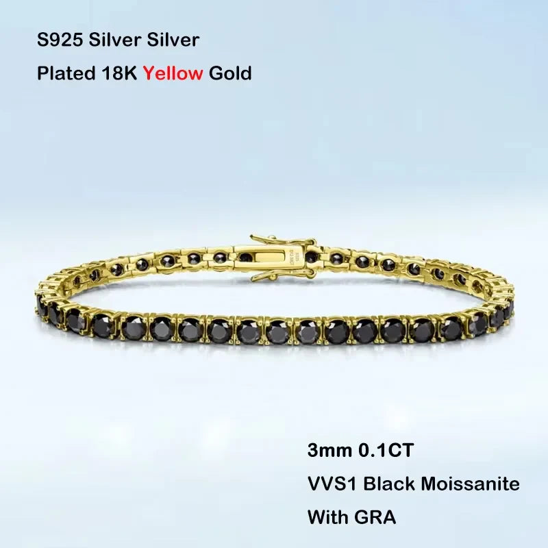 GRA Certified 3/4/5mm Full Black Moissanite Tennis Bracelet for Women Men 925 Silver Plated 18K Rose Gold Link Bracelets