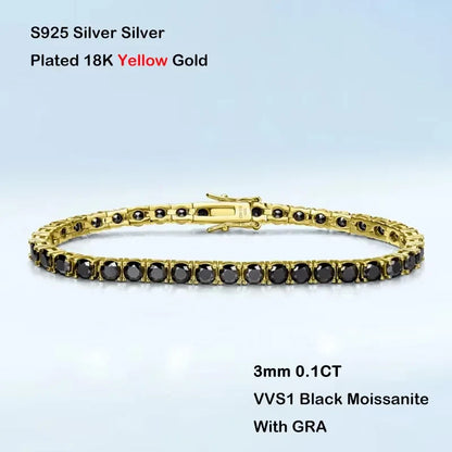 GRA Certified 3/4/5mm Full Black Moissanite Tennis Bracelet for Women Men 925 Silver Plated 18K Rose Gold Link Bracelets