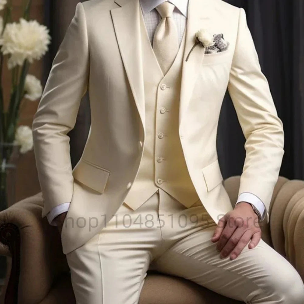 Wedding Light Pink Men's Suit 3 Pieces Formal Business Notch Lapel Blazer Tuxedos Slim Fit Groomsmen Suit Set(Jacket+Vest+Pant)