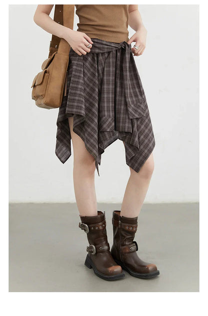 Women Skirts A Line Elastic Waist Strap Ties Irregular Plaid Half Length Skirt Female Short Skirt Woman Summer 2025