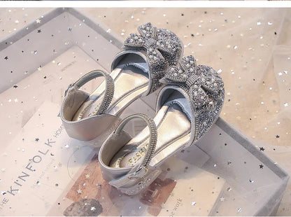 Kid's Sandals high Heels Pumps Rhinestone Bow Silver Party Breathable Shoes For Girl PU Leather Footwear for Kids Size 26-36