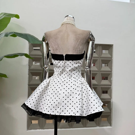 Women Strapless Backless Polka Dot Bow A Line Dress Party Birthday Evening Ball Gowns Nightclub Show Wear Fashion Vestido