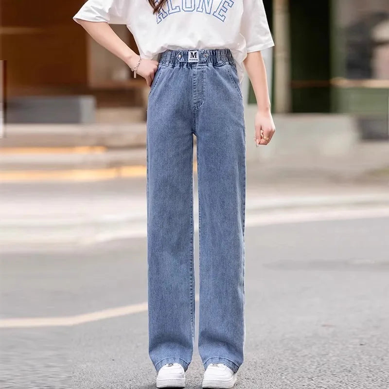Calça Jeans Feminina Plus Size Folgada Cintura Alta Perna Larga Azul Claro Elástico na Cintura Cordão Calças Outono Moda Plus Size