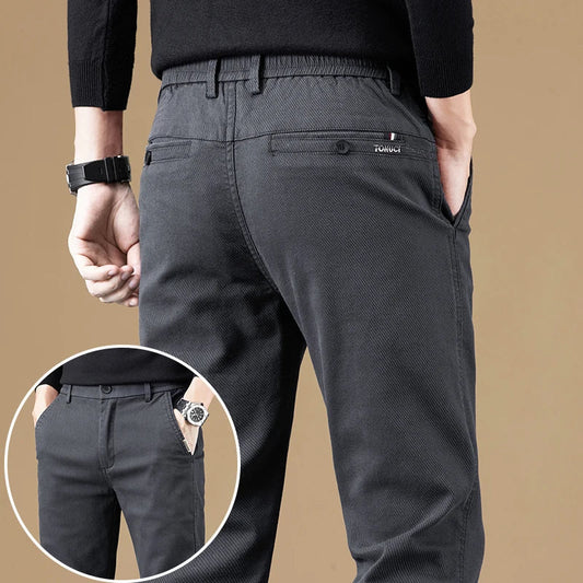2024 Spring New Business Casual Pants Men Thick Slim Elastic Waist Trousers Classic Brown Black Grey High Quality Male Clothes