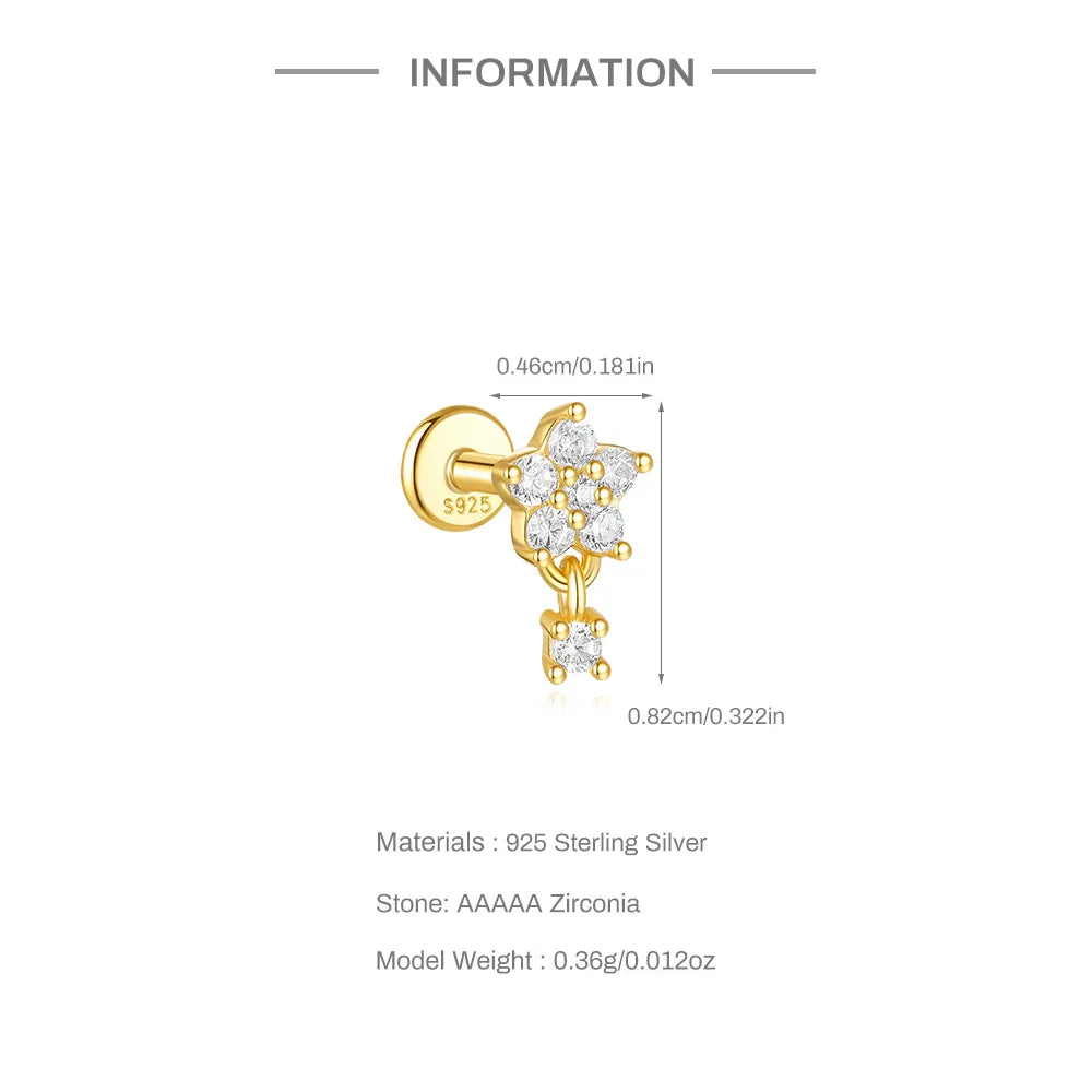 1PC Four Pointed Star Moon Tassel Lotus Cartilage Spiral Puncture 925 Sterling Silver Stud Earring For Women Ins Earring