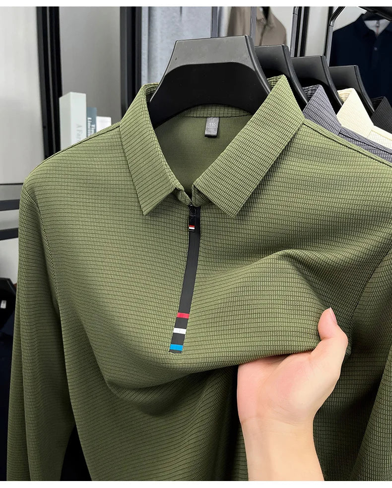 Light luxury half zipper men long sleeve polo shirt high-quality unique checkered printed Korean style trend new casual T-shirt