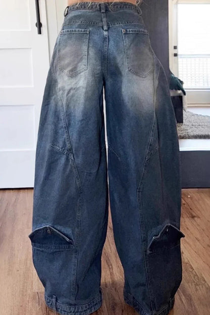 Y2K Women Loose Denim Jeans Asymmetric Button Pocket Washed Jean Casual Harajuku High Street Grunge Denim Trouders Pants