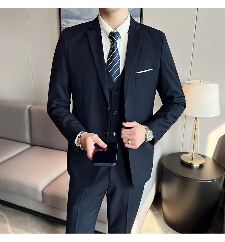 Men's High-Quality 3-Piece Business Casual Wedding Suit Vest Trousers Set Handsome Fashion Banquet Clothing S-6XL